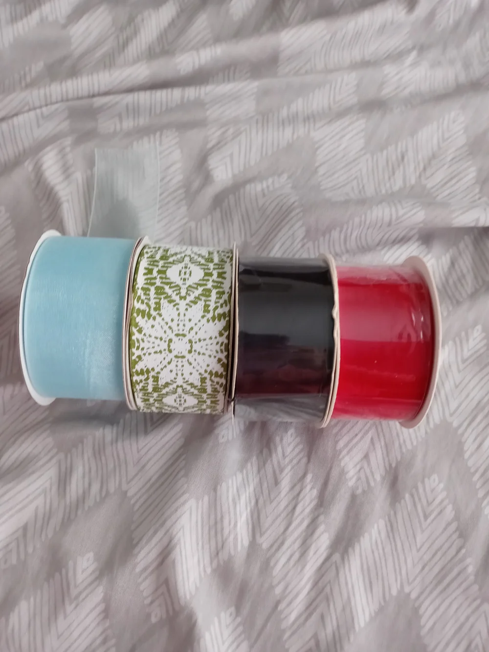 Assorted Ribbon Spools - Light Blue, Green Pattern, Black, Red
